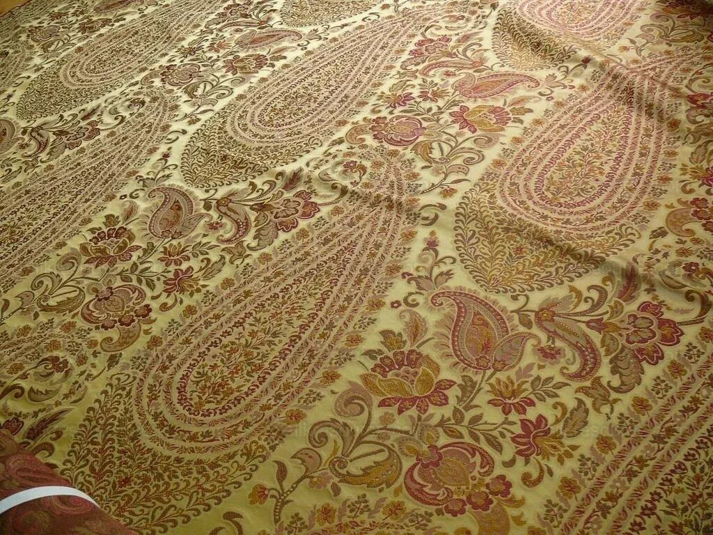 by yard Custom Order By Yard Fab 100% Silk Lampas Cashmere Paisley "claret" Red Pink MSRP USD200+/yard