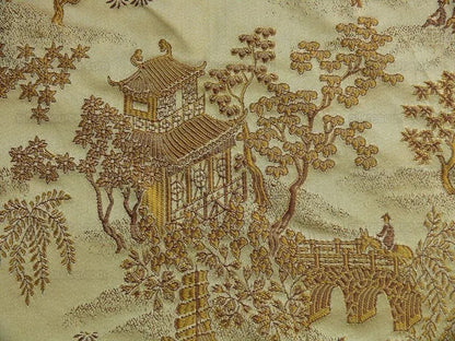 100% Silk Lampas Chinoiserie Pavillion Garden Branch Bty