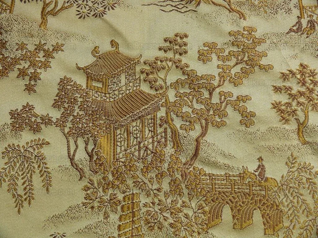 100% Silk Lampas Chinoiserie Pavillion Garden Branch Bty