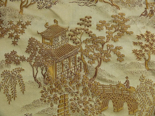 100% Silk Lampas Chinoiserie Pavillion Garden Branch Bty