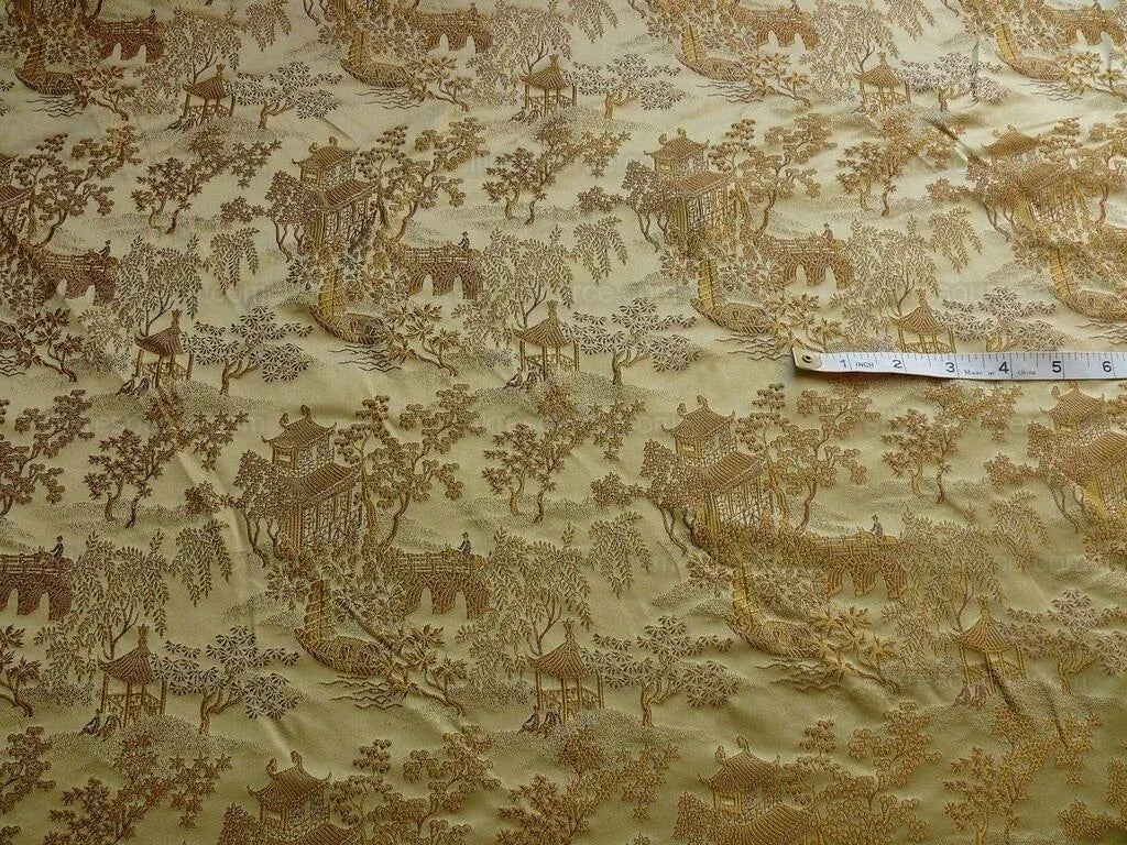 100% SILK LAMPAS CHINOISERIE PAVILLION GARDEN BRANCH BTY