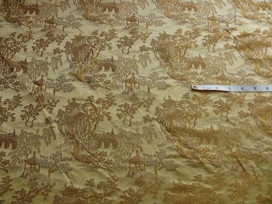 100% SILK LAMPAS CHINOISERIE PAVILLION GARDEN BRANCH BTY