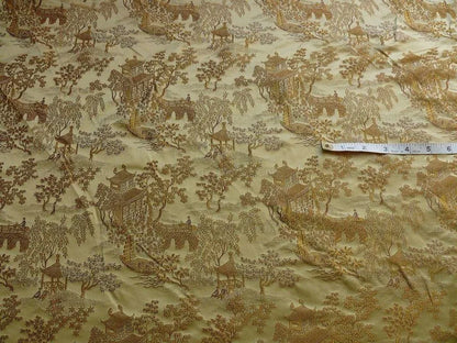100% Silk Lampas Chinoiserie Pavillion Garden Branch Bty