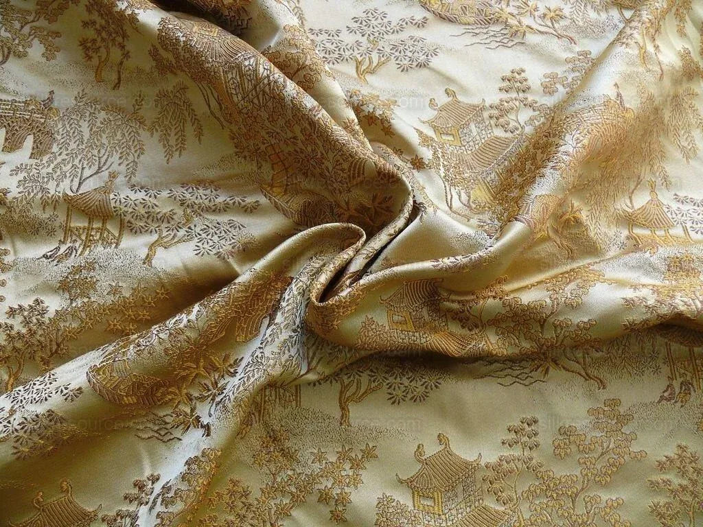 100% Silk Lampas Chinoiserie Pavillion Garden Branch Bty