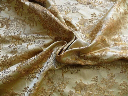 100% Silk Lampas Chinoiserie Pavillion Garden Branch Bty
