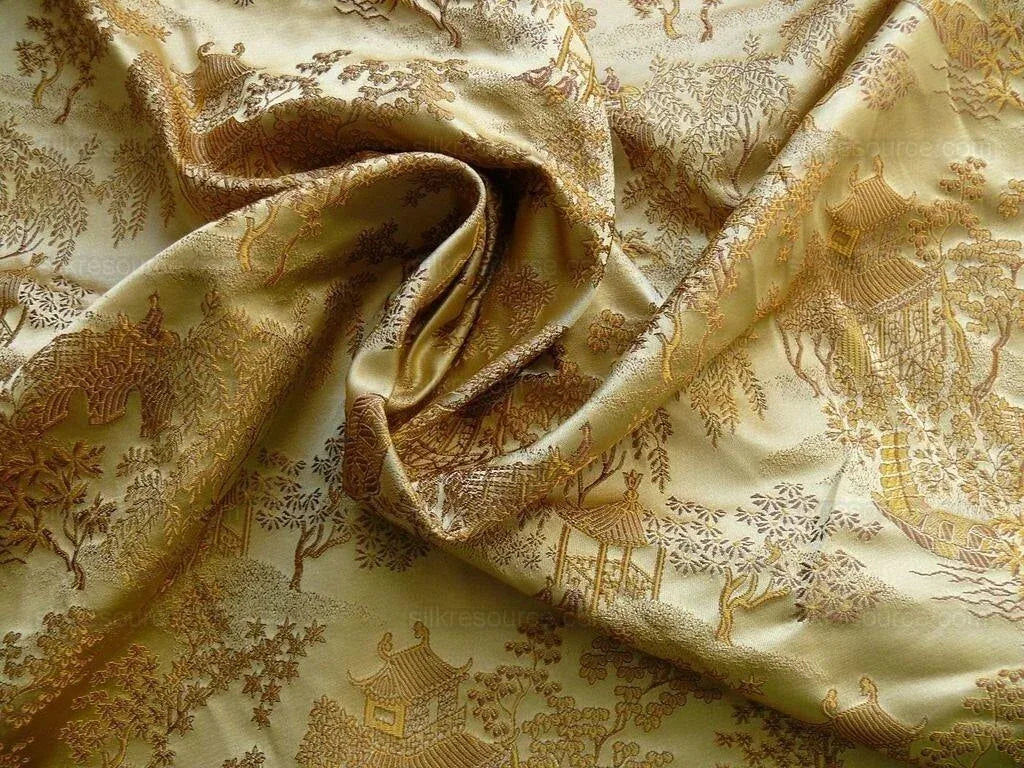 100% Silk Lampas Chinoiserie Pavillion Garden Branch Bty