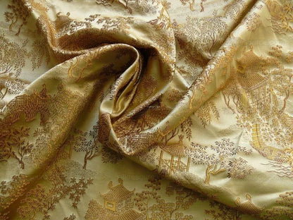 100% Silk Lampas Chinoiserie Pavillion Garden Branch Bty