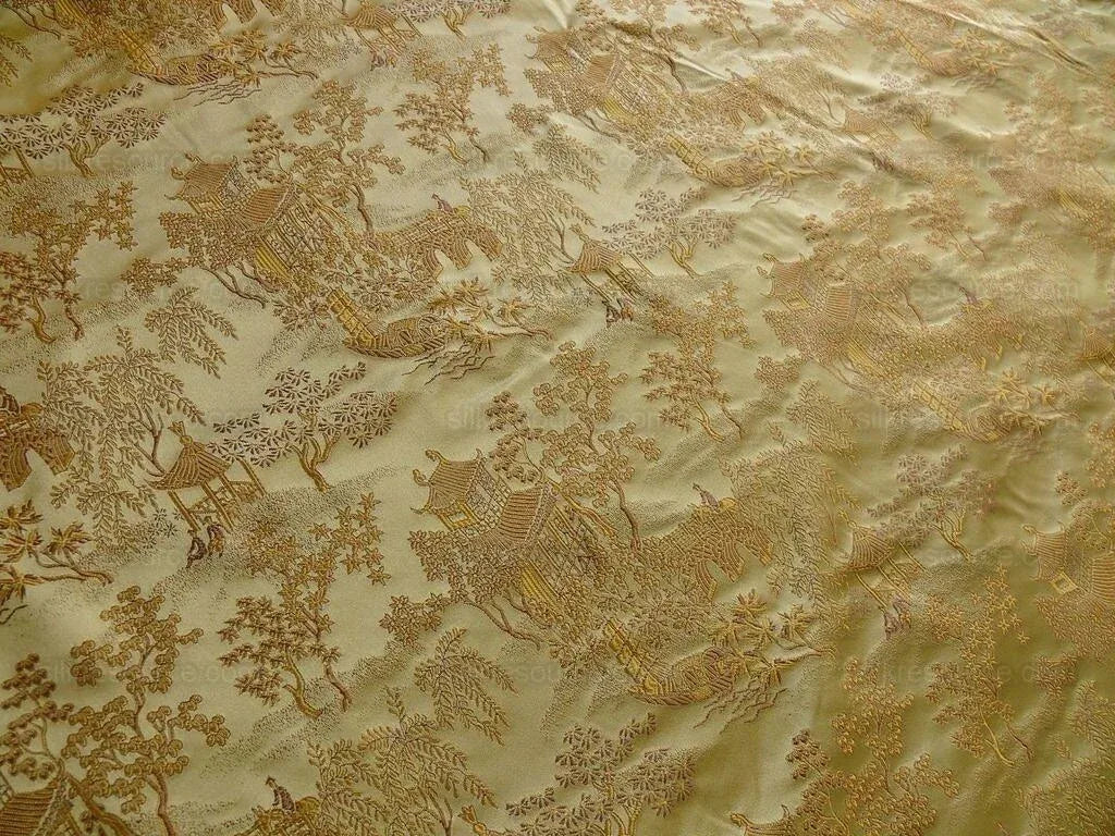 100% Silk Lampas Chinoiserie Pavillion Garden Branch Bty
