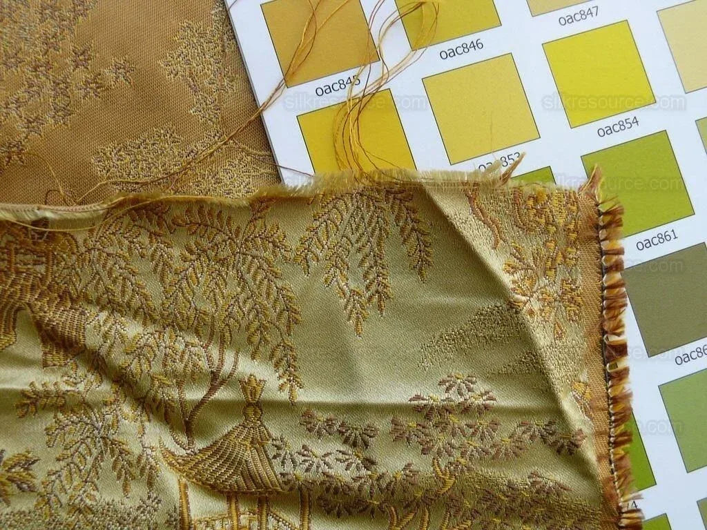 100% Silk Lampas Chinoiserie Pavillion Garden Branch Bty