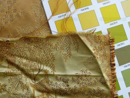 100% Silk Lampas Chinoiserie Pavillion Garden Branch Bty