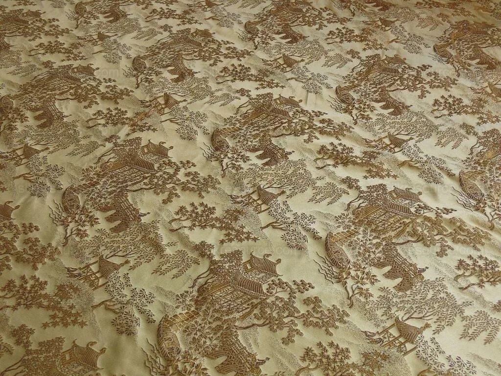 100% Silk Lampas Chinoiserie Pavillion Garden Branch Bty