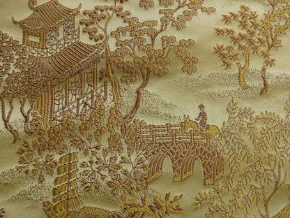 100% Silk Lampas Chinoiserie Pavillion Garden Branch Bty