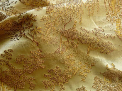 100% Silk Lampas Chinoiserie Pavillion Garden Branch Bty
