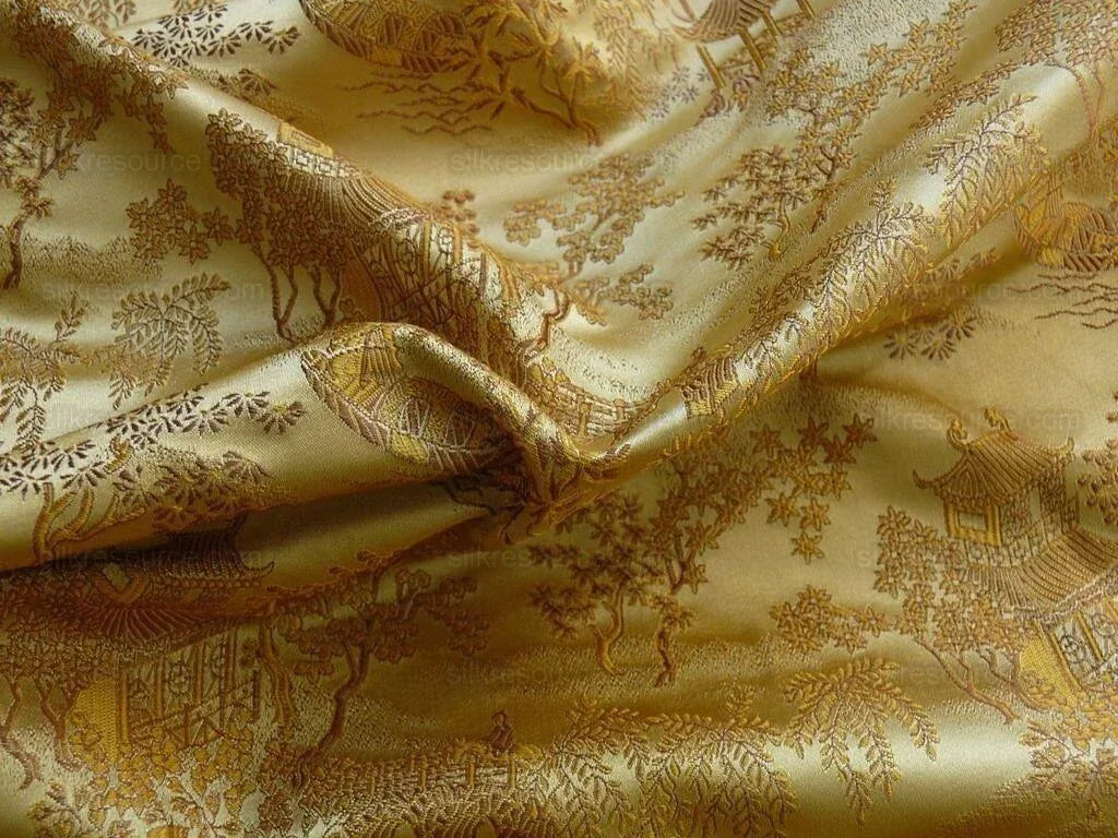 100% Silk Lampas Chinoiserie Pavillion Garden Branch Bty