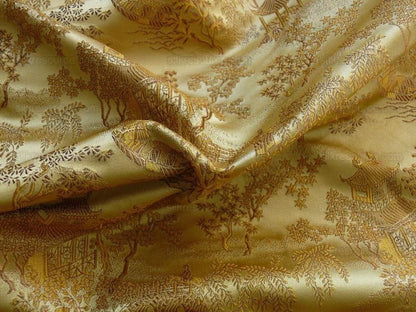 100% Silk Lampas Chinoiserie Pavillion Garden Branch Bty