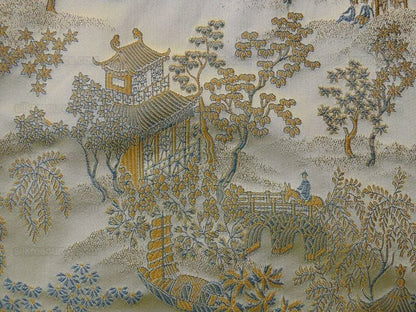 by yard 100% Silk Lampas Empire Chinoiserie Pavillion Blue