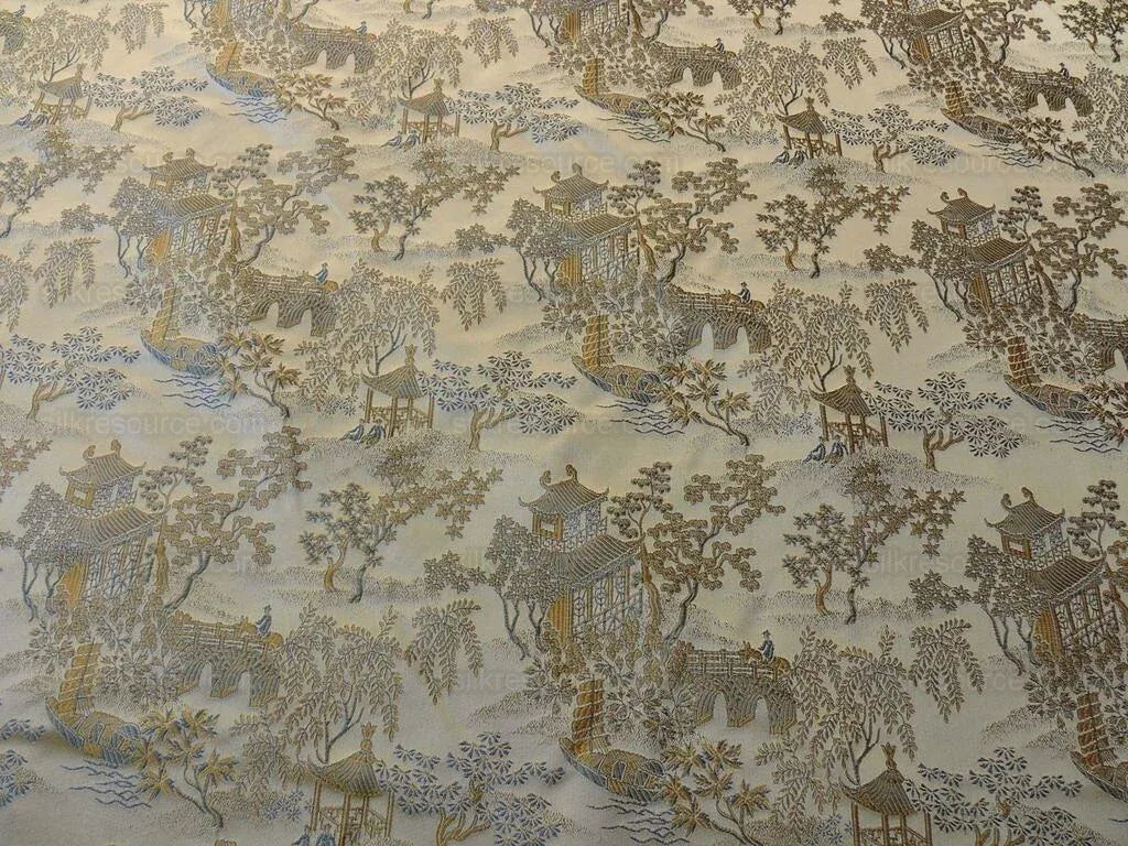 by yard 100% Silk Lampas Empire Chinoiserie Pavillion Blue