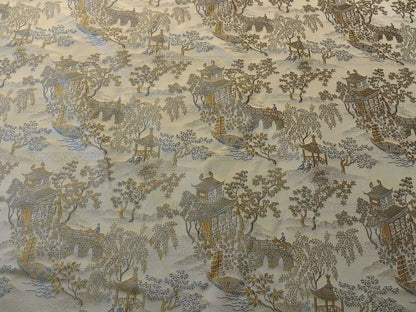 by yard 100% Silk Lampas Empire Chinoiserie Pavillion Blue