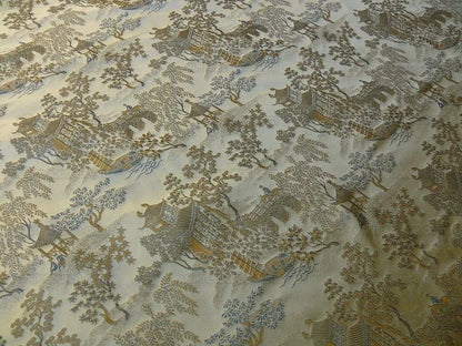 by yard 100% Silk Lampas Empire Chinoiserie Pavillion Blue