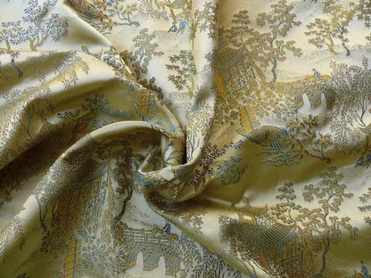 by yard 100% Silk Lampas Empire Chinoiserie Pavillion Blue