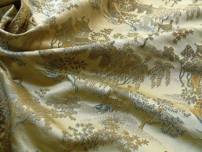 by yard 100% Silk Lampas Empire Chinoiserie Pavillion Blue