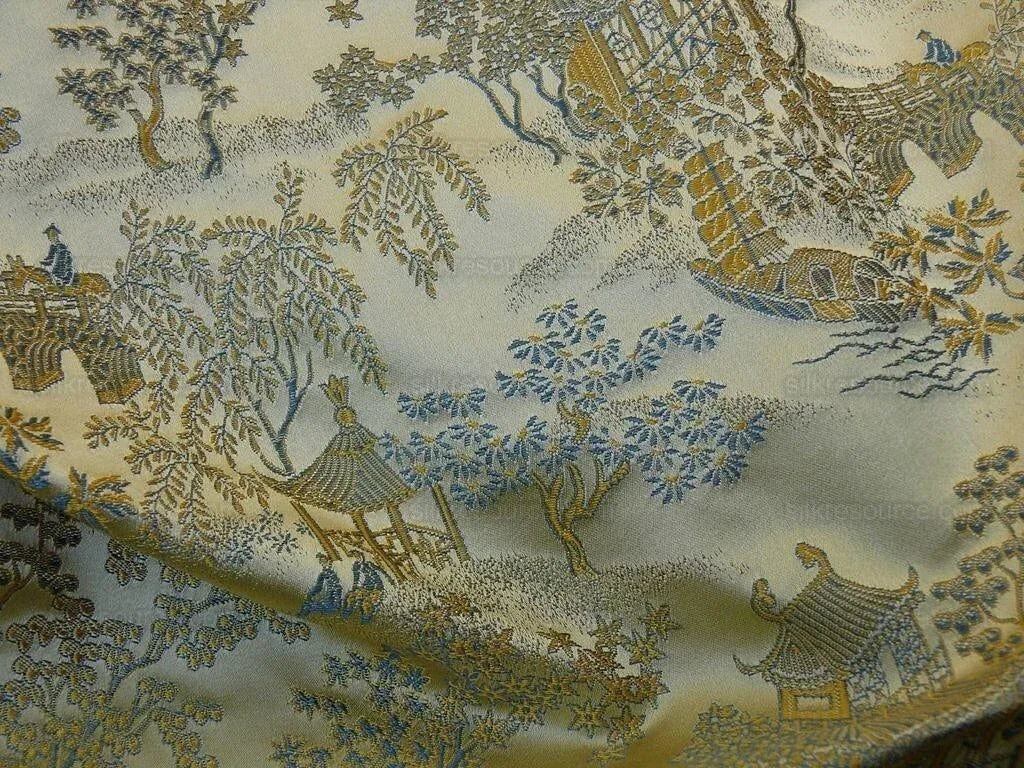 by yard 100% Silk Lampas Empire Chinoiserie Pavillion Blue