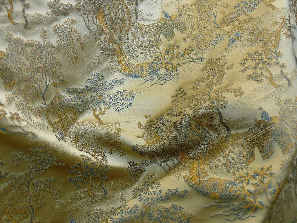 by yard 100% Silk Lampas Empire Chinoiserie Pavillion Blue