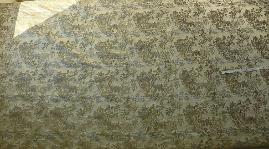 by yard 100% Silk Lampas Empire Chinoiserie Pavillion Blue