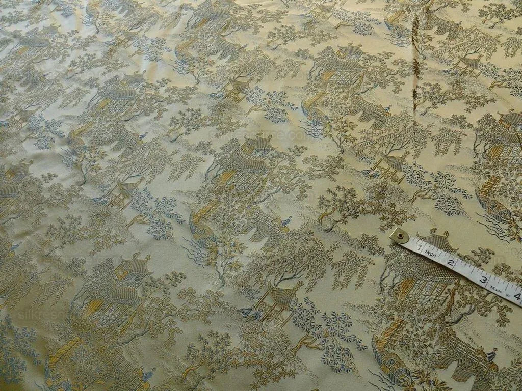 by yard 100% Silk Lampas Empire Chinoiserie Pavillion Blue