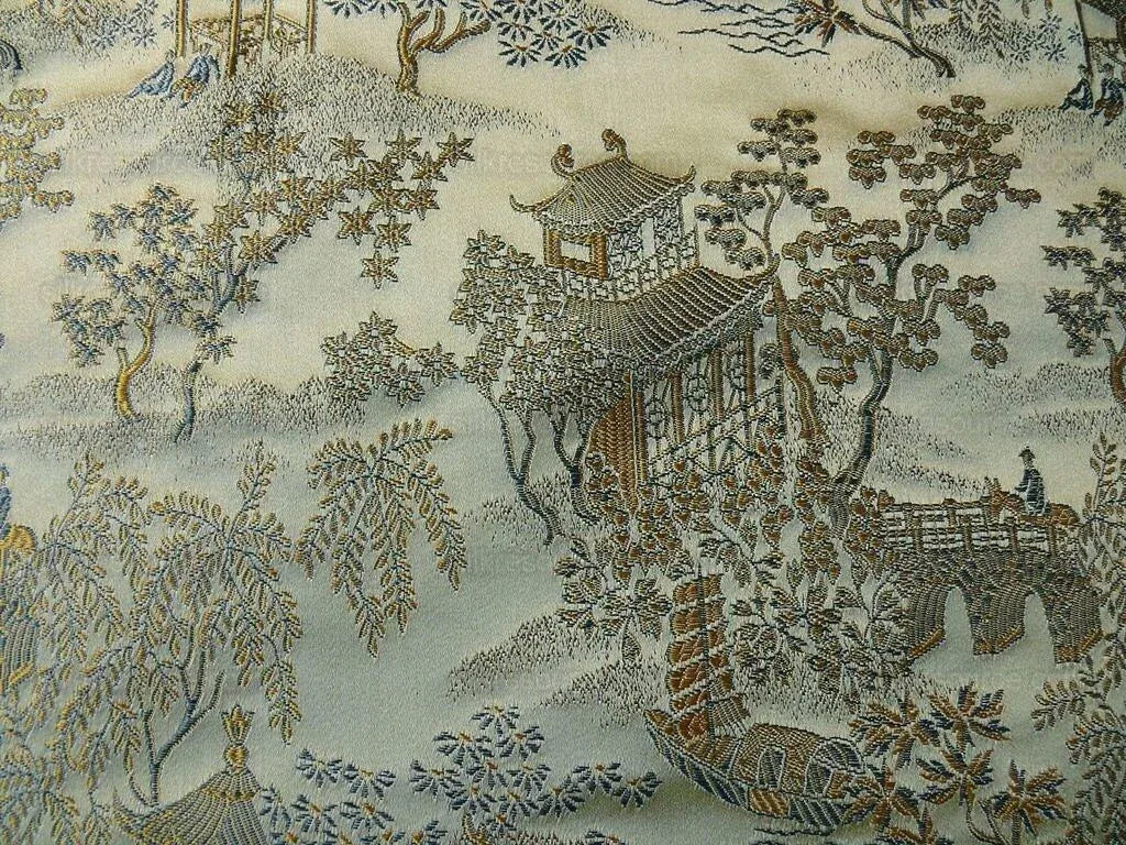 by yard 100% Silk Lampas Empire Chinoiserie Pavillion Blue