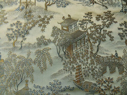 by yard 100% Silk Lampas Empire Chinoiserie Pavillion Blue