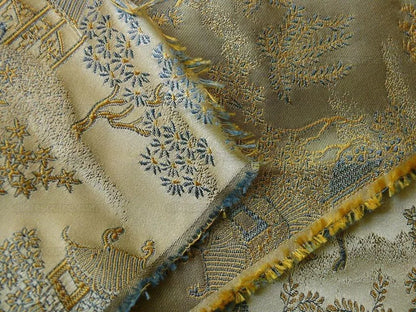 by yard 100% Silk Lampas Empire Chinoiserie Pavillion Blue