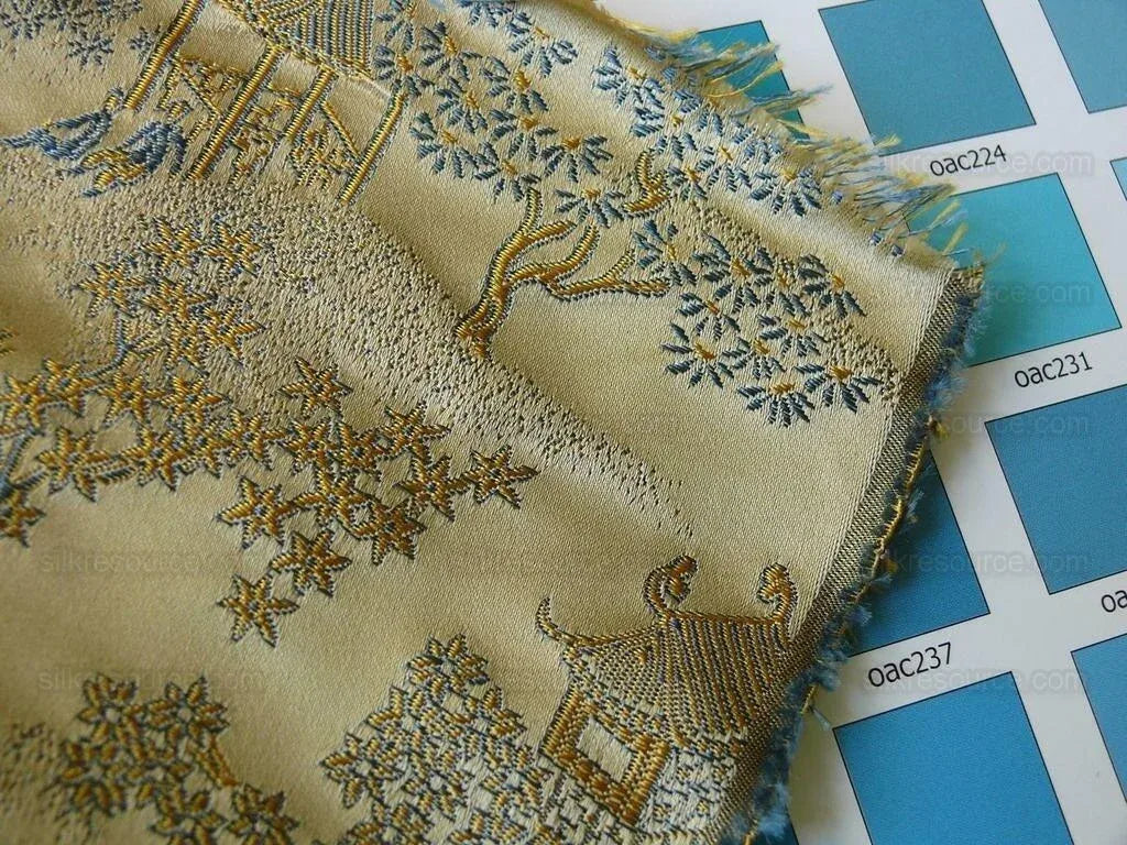 by yard 100% Silk Lampas Empire Chinoiserie Pavillion Blue
