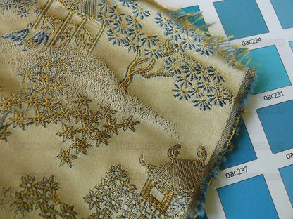 by yard 100% Silk Lampas Empire Chinoiserie Pavillion Blue