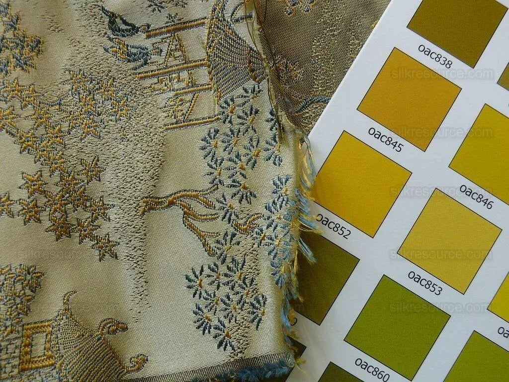 by yard 100% Silk Lampas Empire Chinoiserie Pavillion Blue