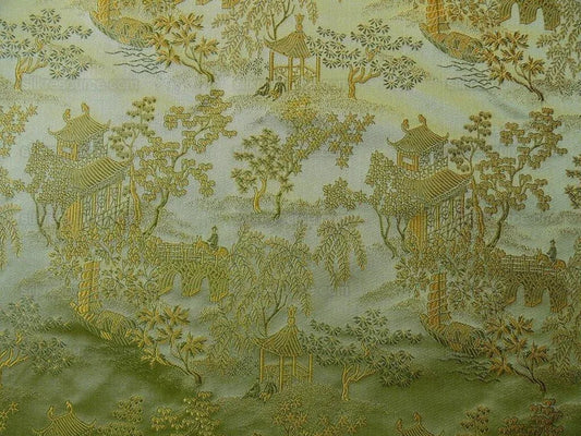 100% Silk Lampas Loden Green Chinoiserie Pavillion Bty
