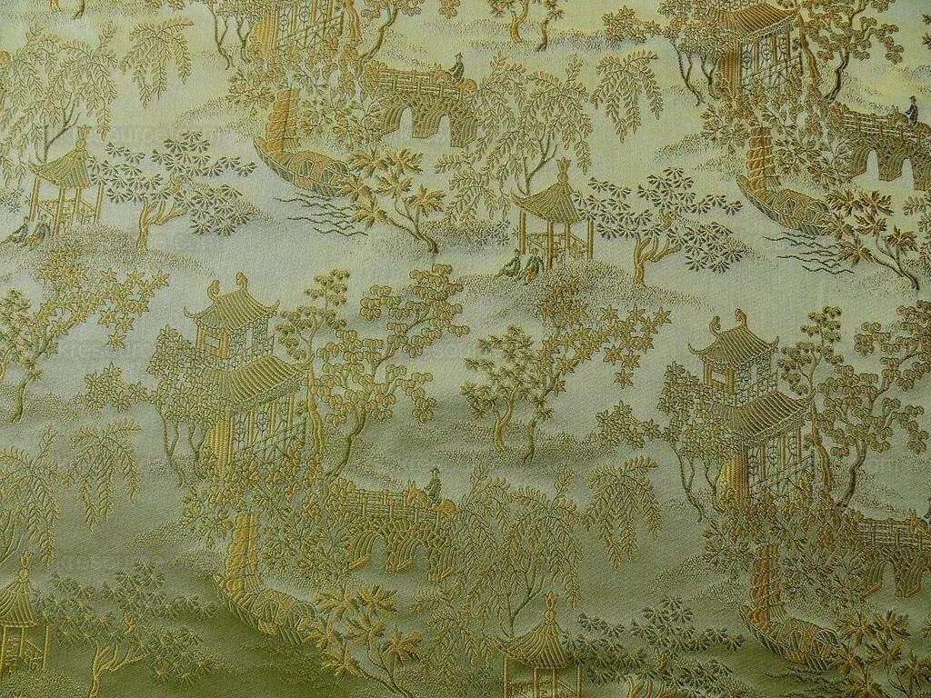 100% Silk Lampas Loden Green Chinoiserie Pavillion Bty