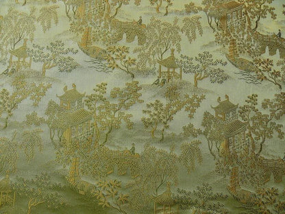 100% Silk Lampas Loden Green Chinoiserie Pavillion Bty
