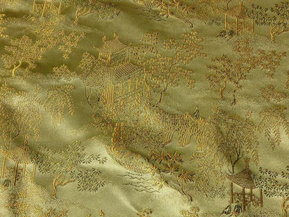 100% Silk Lampas Loden Green Chinoiserie Pavillion Bty