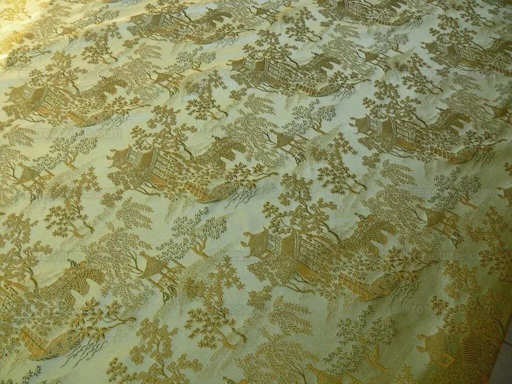 100% Silk Lampas Loden Green Chinoiserie Pavillion Bty