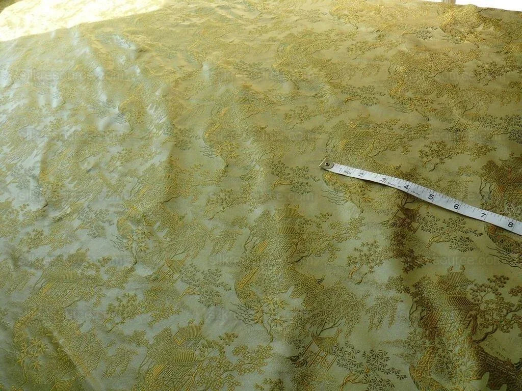 100% Silk Lampas Loden Green Chinoiserie Pavillion Bty