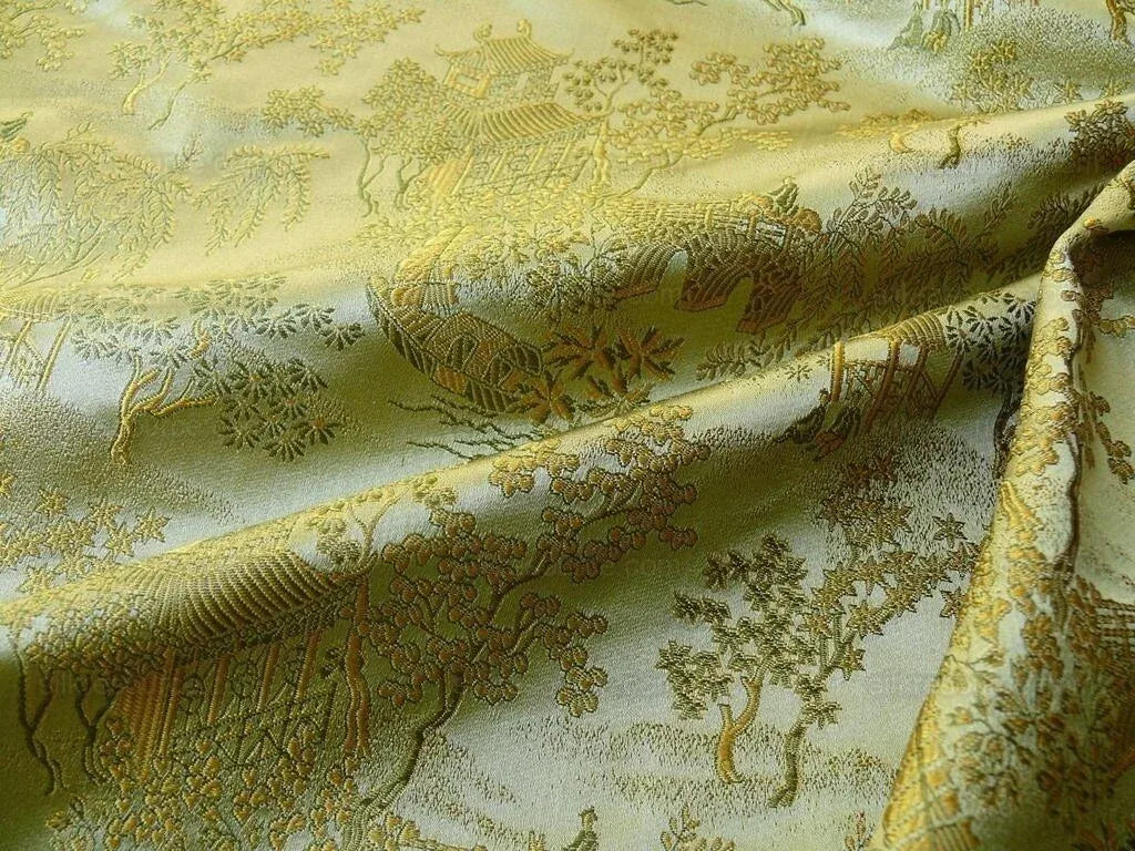 100% Silk Lampas Loden Green Chinoiserie Pavillion Bty