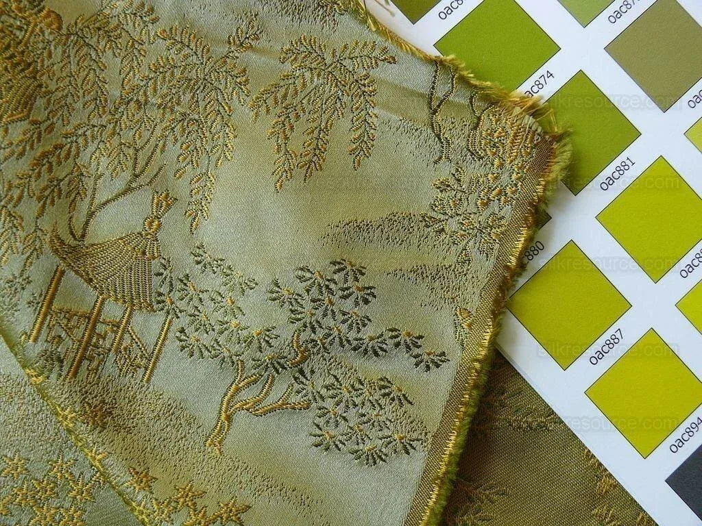 100% Silk Lampas Loden Green Chinoiserie Pavillion Bty