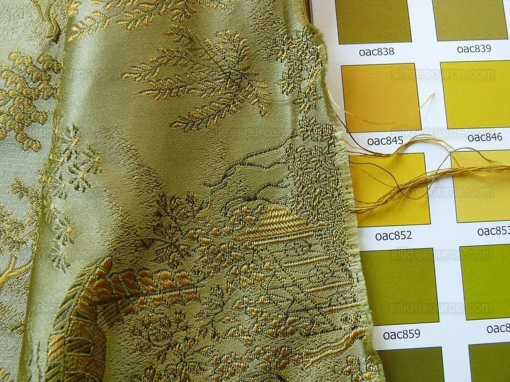 100% Silk Lampas Loden Green Chinoiserie Pavillion Bty