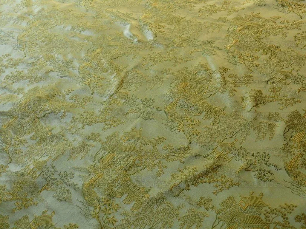 100% Silk Lampas Loden Green Chinoiserie Pavillion Bty