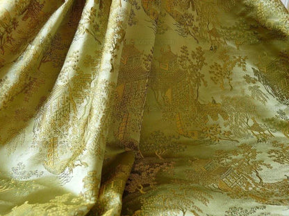 100% Silk Lampas Loden Green Chinoiserie Pavillion Bty