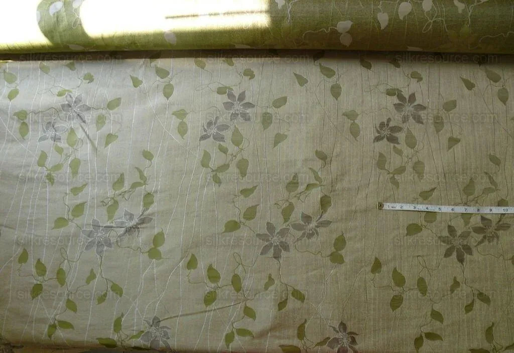 High End 100%silk Lampas Deco Vine Flower "sprig" Silver Gray Green Beige  MSRP USD 360/y