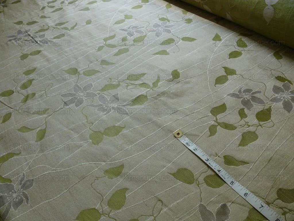 High End 100%silk Lampas Deco Vine Flower "sprig" Silver Gray Green Beige  MSRP USD 360/y