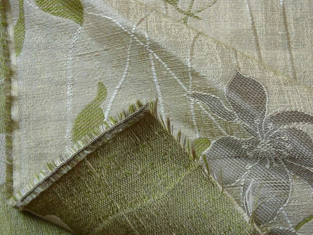High End 100%silk Lampas Deco Vine Flower "sprig" Silver Gray Green Beige  MSRP USD 360/y