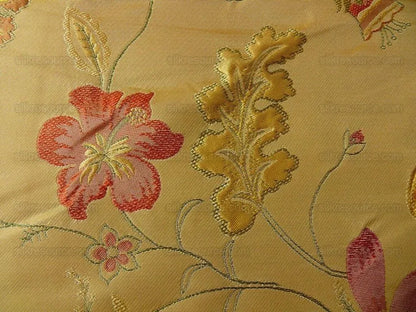 Heavy100%silk Lampas Myth Garden Pink Rose On Yellow Bty Sku97